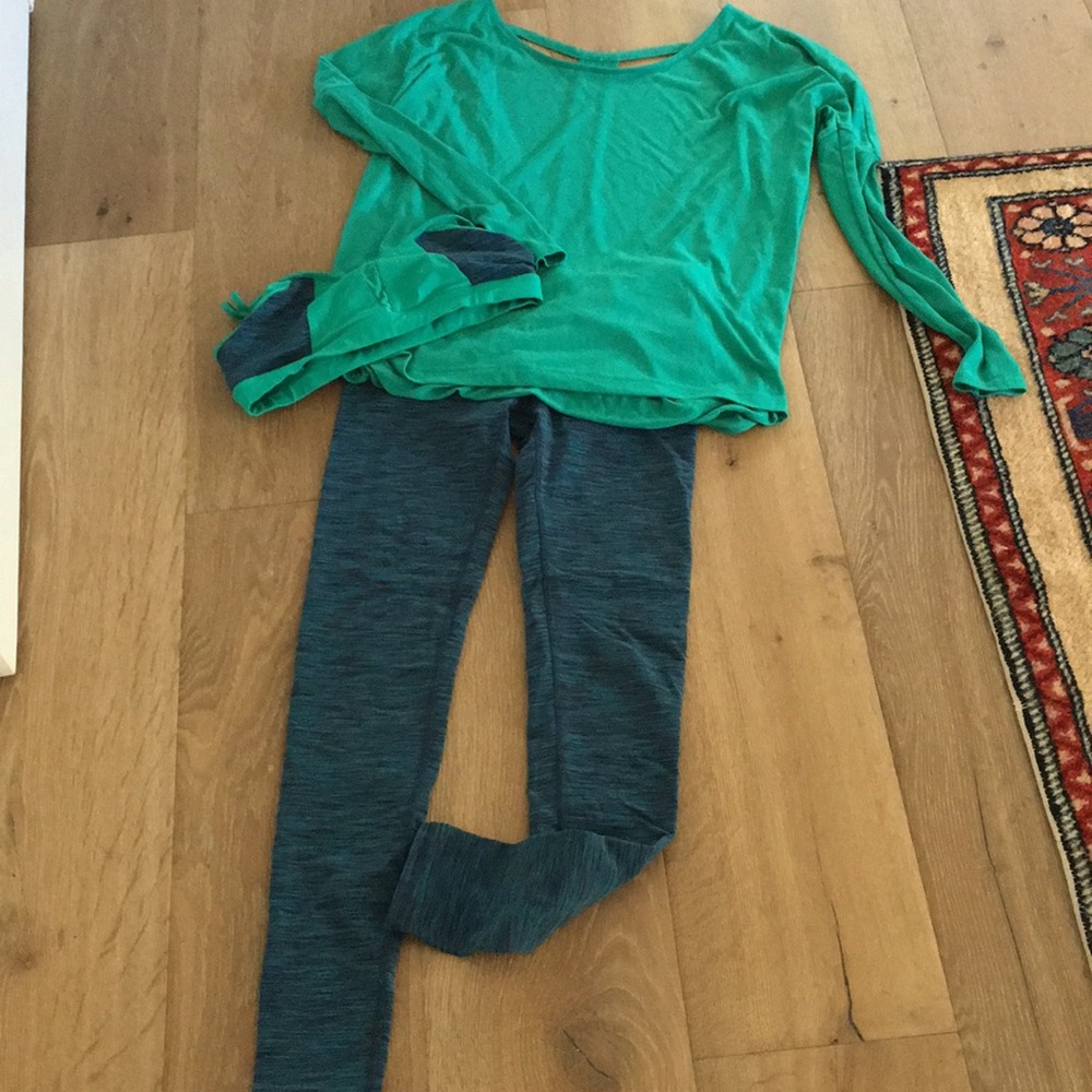 Alo leggings, bra, long sleeve top in Fresh